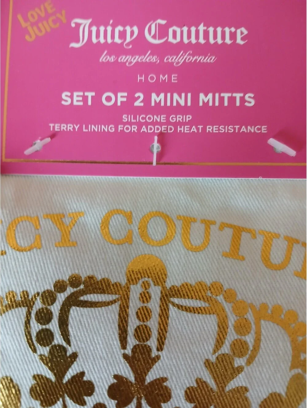Juicy Couture Mini Oven Mitt Set Gold Crown Hearts White Kitchen NWT 2 Piece Set
